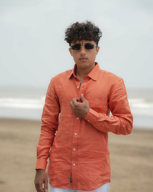 Coral Orange Pure Linen Solid Shirt