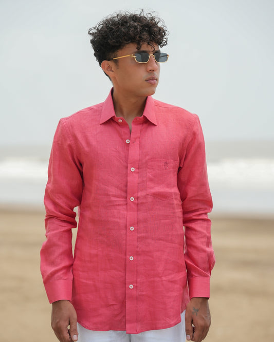 Watermelon Red Pure Linen Solid Shirt