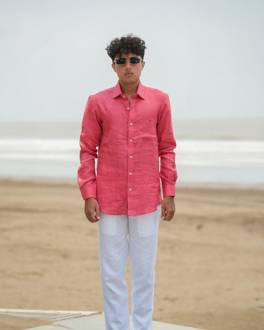 Watermelon Red Pure Linen Solid Shirt