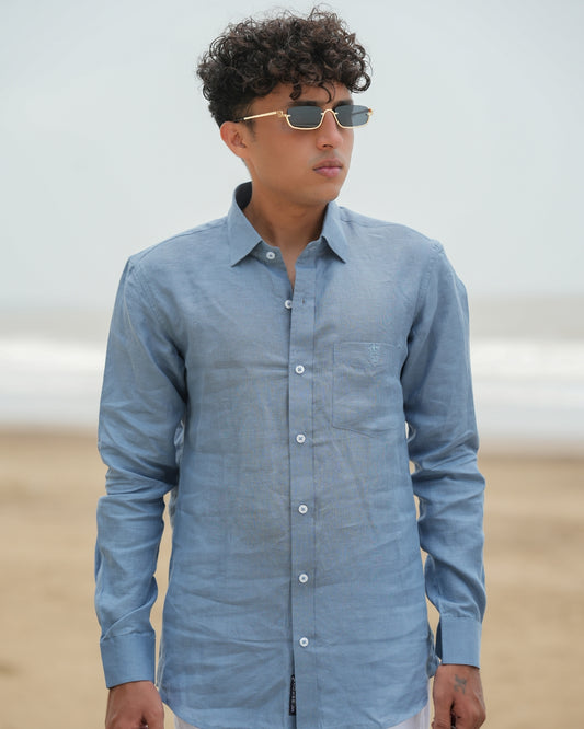Dusty Blue Pure Linen Solid Shirt