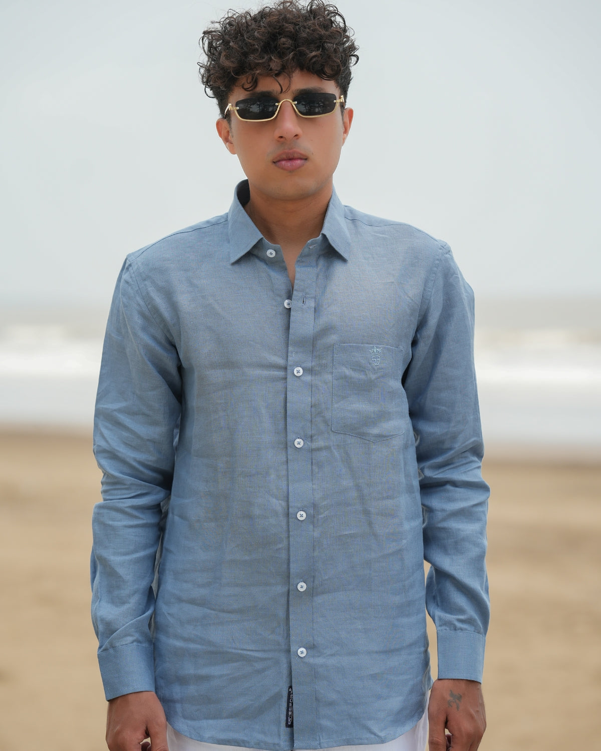 Dusty Blue Pure Linen Solid Shirt