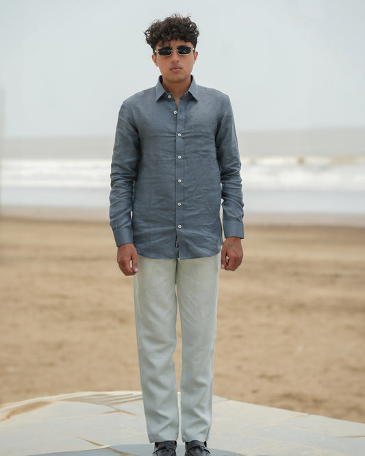 Dark Grey Pure Linen Solid Shirt