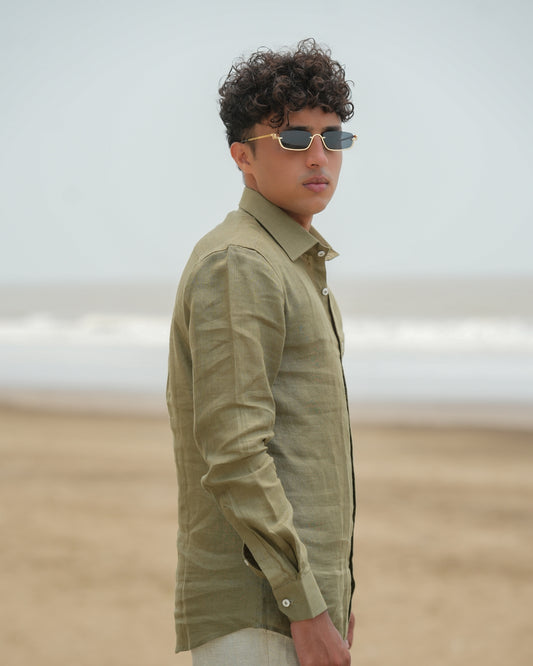 Muted Olive Green Pure Linen Solid Shirt