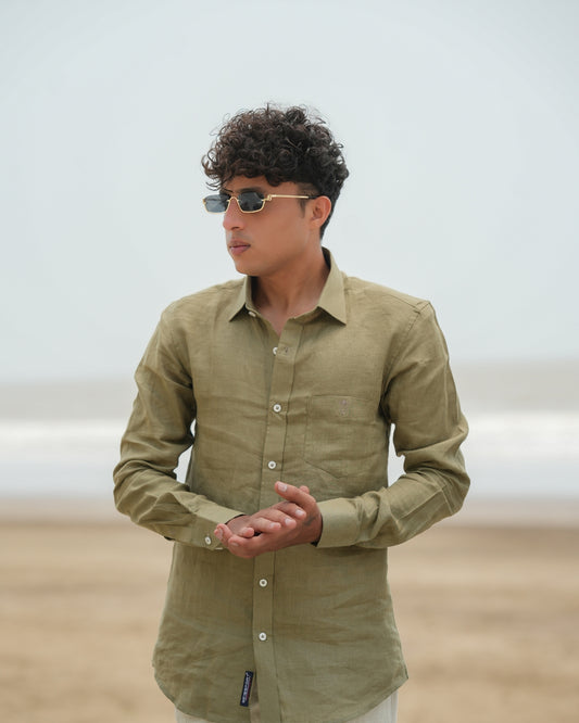 Muted Olive Green Pure Linen Solid Shirt