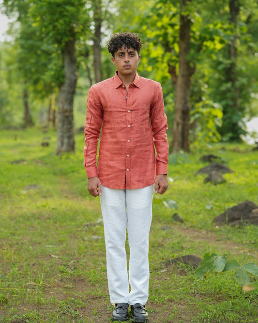 Prime Orange Pure Linen Solid Shirt