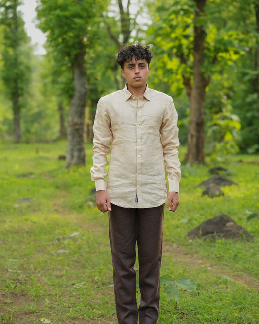 Pale Tan Yellow Pure Linen Solid Shirt