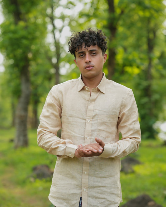 Pale Tan Yellow Pure Linen Solid Shirt