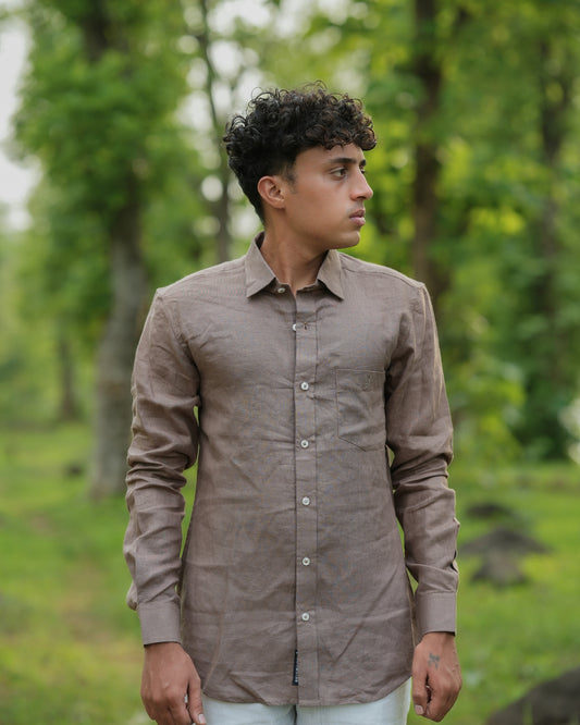 Brownish Grey Pure Linen Solid Shirt