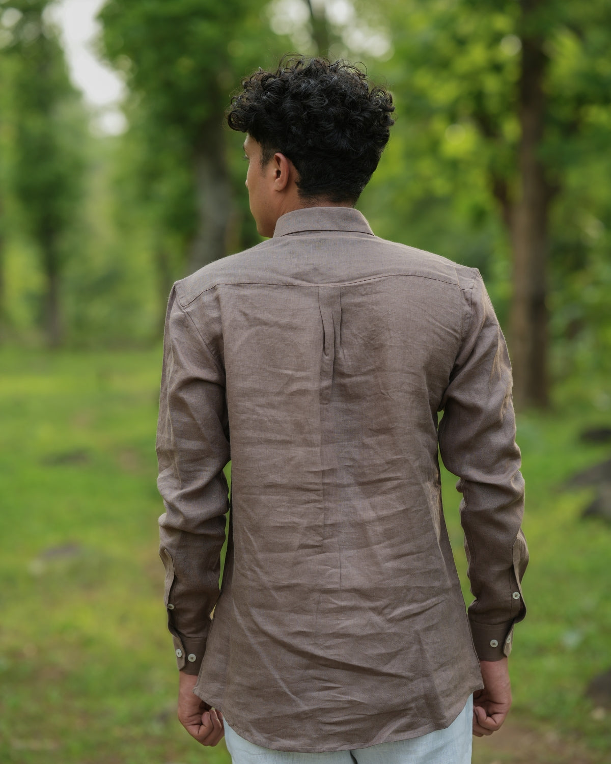Brownish Grey Pure Linen Solid Shirt