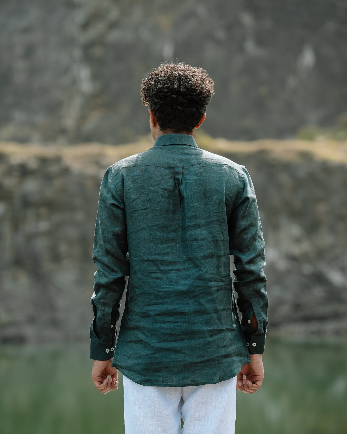 Dark Green Pure Linen Solid Shirt