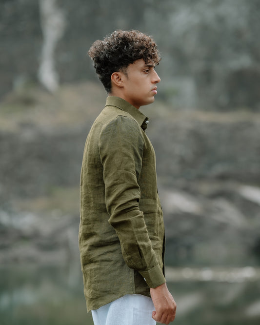Olive Green Pure Linen Solid Shirt