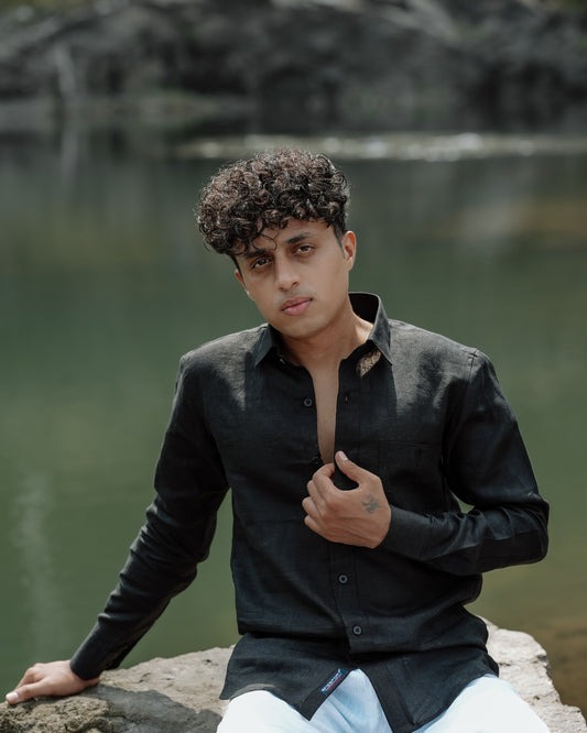 Bold Black Pure Linen Solid Shirt