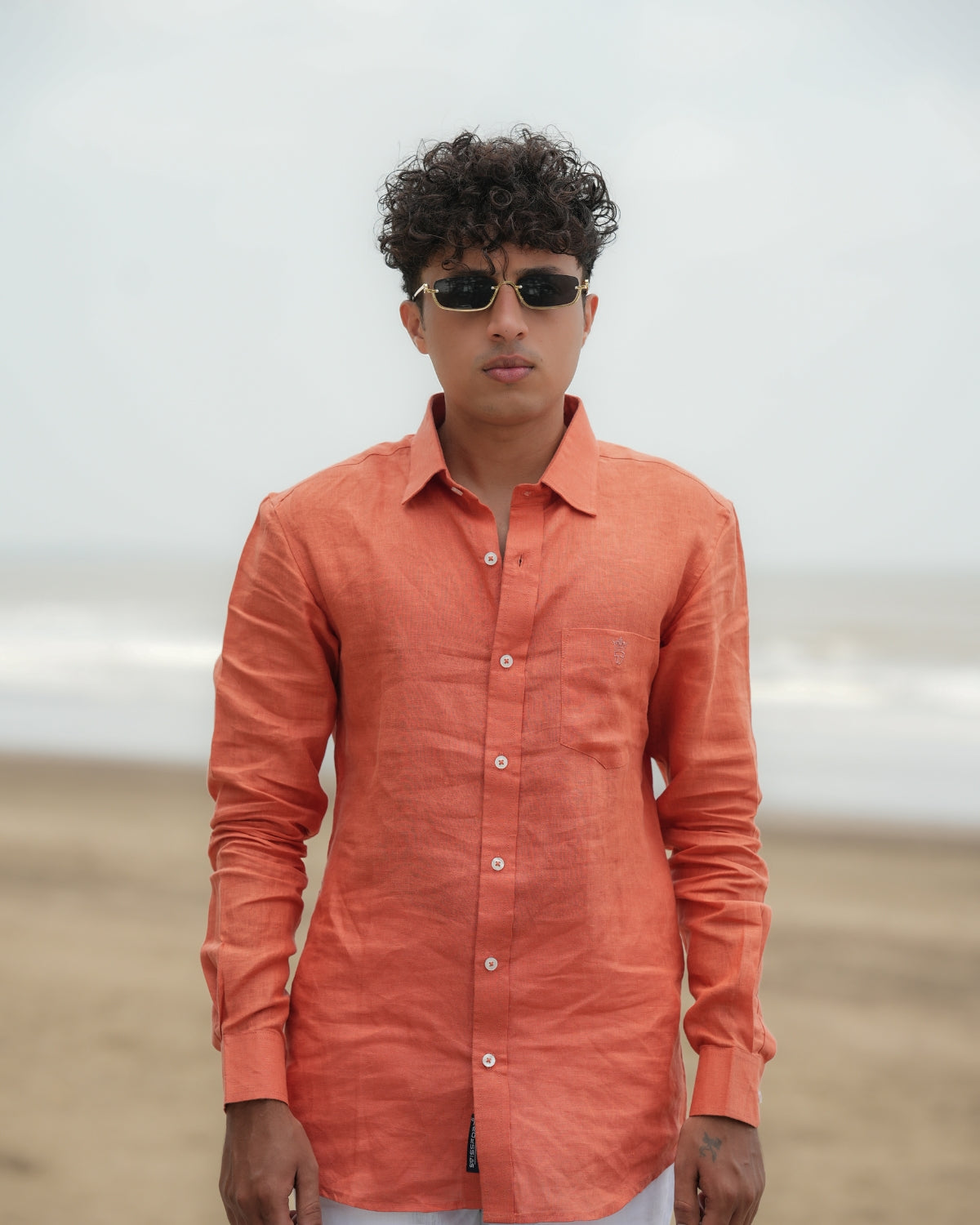 Coral Orange Pure Linen Solid Shirt