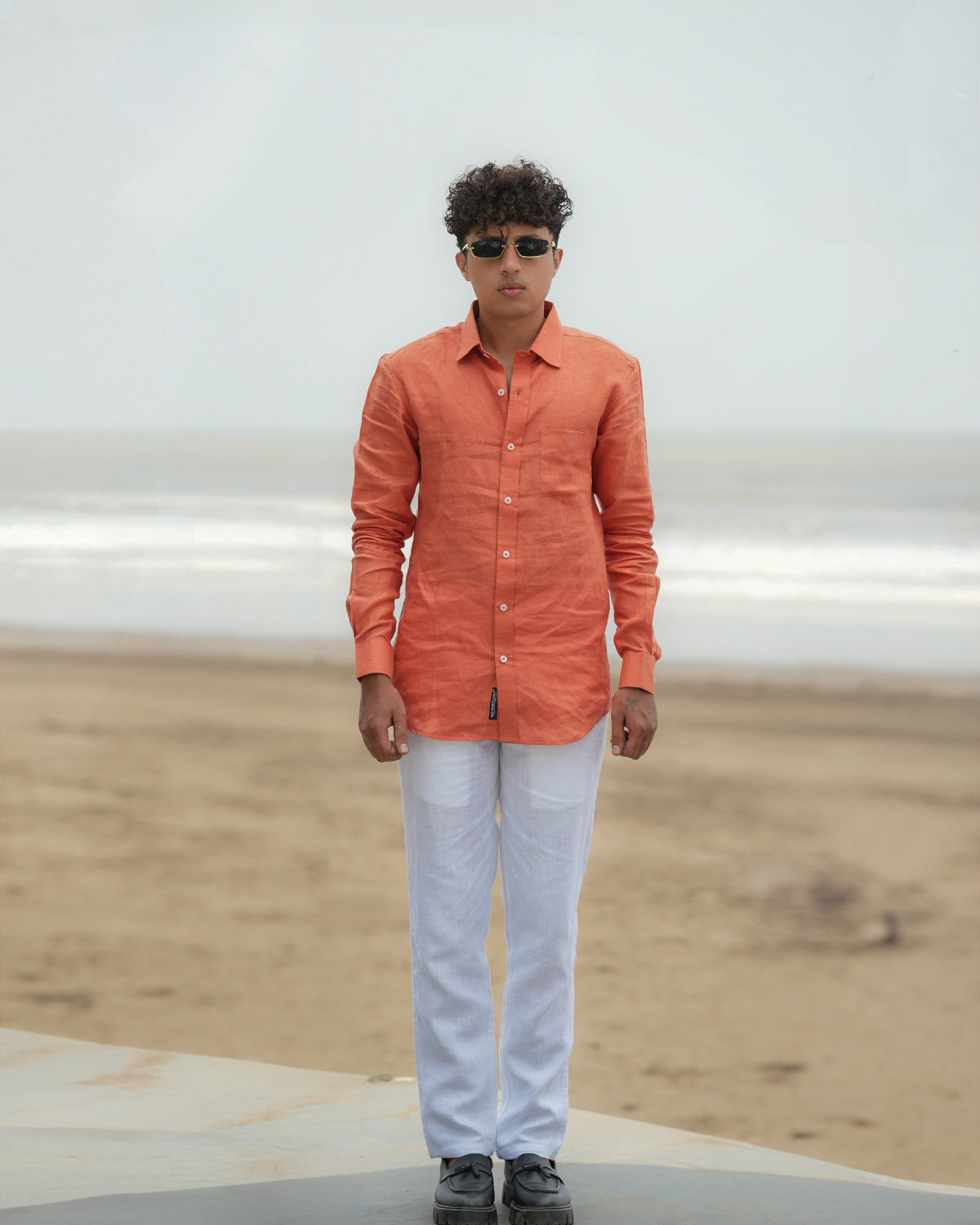 Coral Orange Pure Linen Solid Shirt