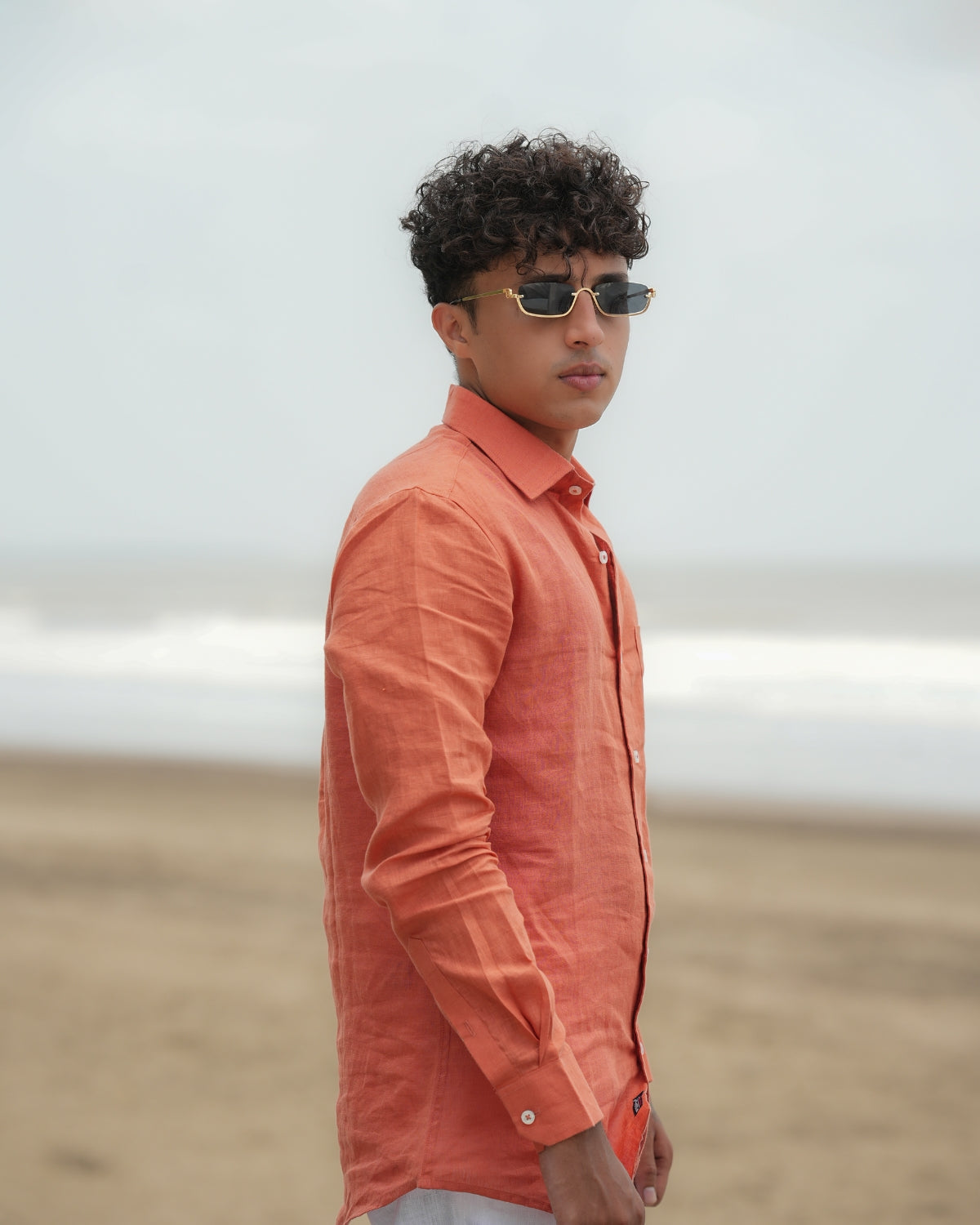 Coral Orange Pure Linen Solid Shirt