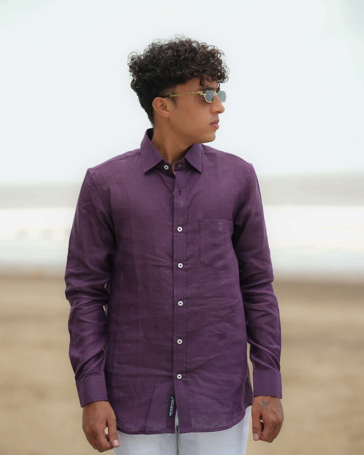 Dark Purple Pure Linen Solid Shirt