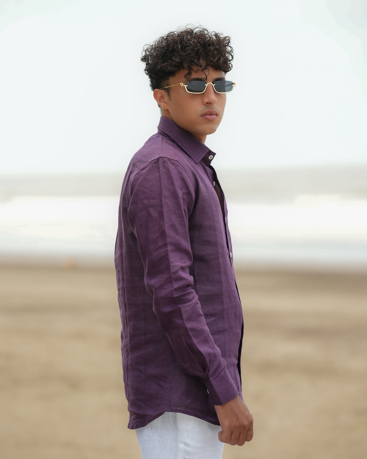 Dark Purple Pure Linen Solid Shirt