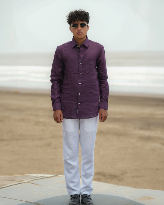 Dark Purple Pure Linen Solid Shirt