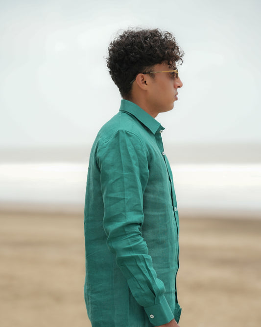 Emerald Green Pure Linen Solid Shirt
