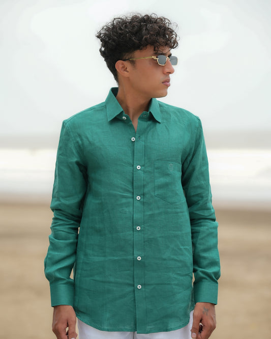 Emerald Green Pure Linen Solid Shirt