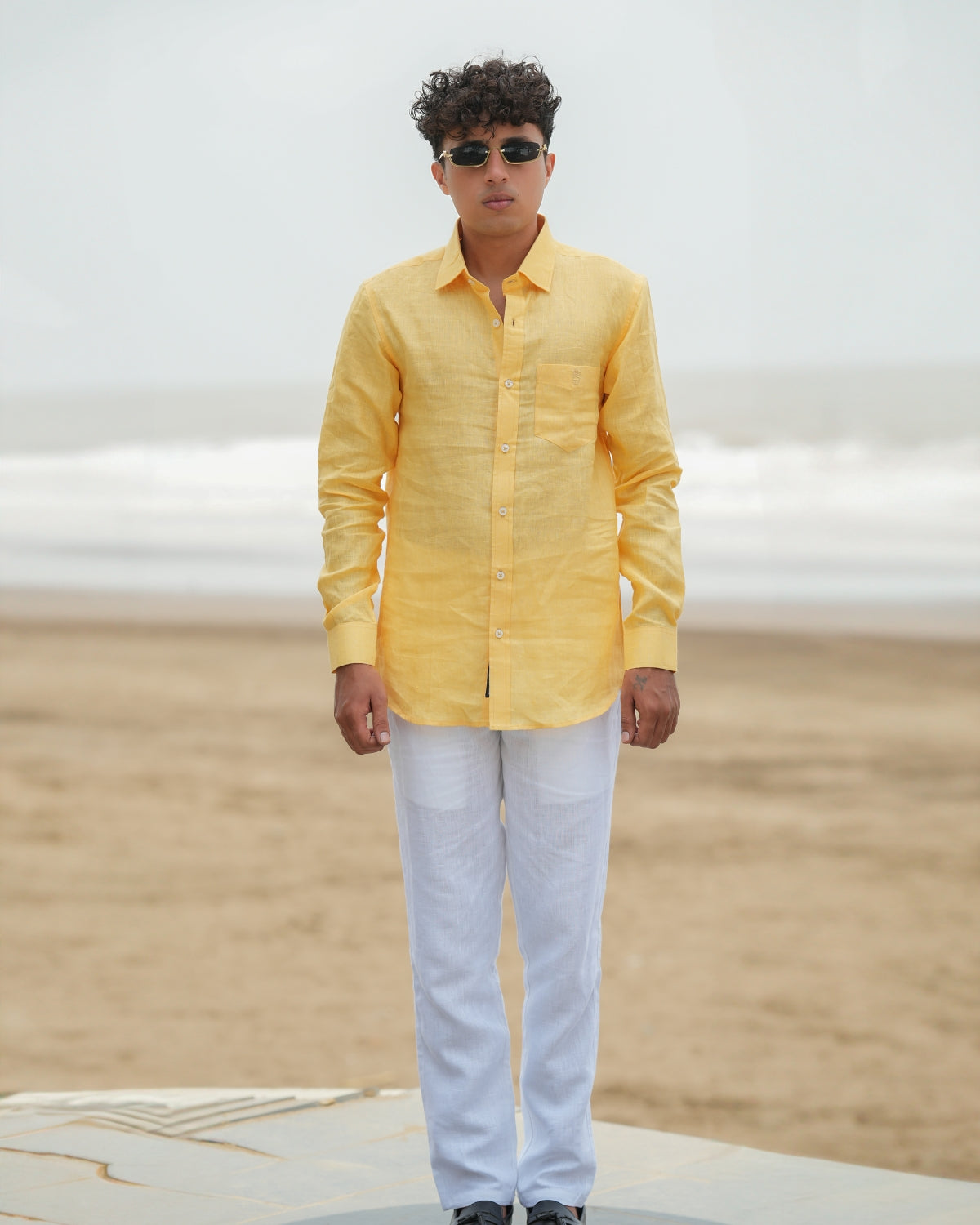 Bright Yellow Pure Linen Solid Shirt