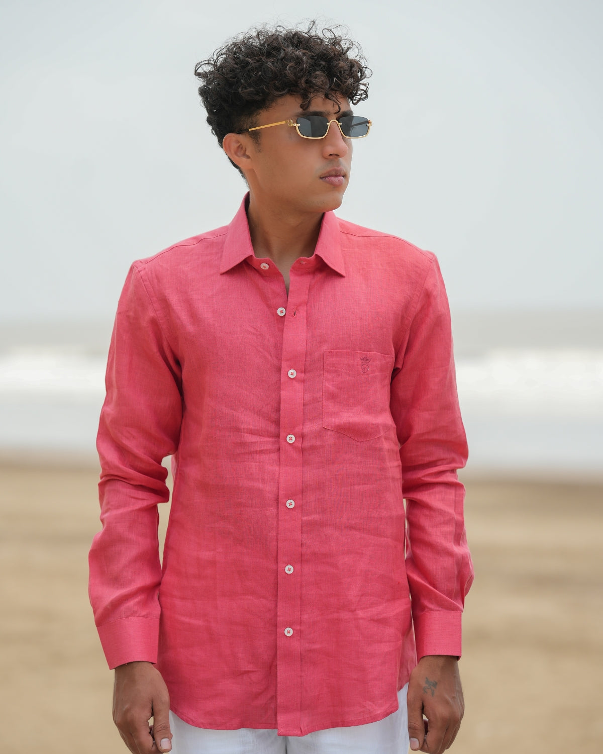 Watermelon Red Pure Linen Solid Shirt