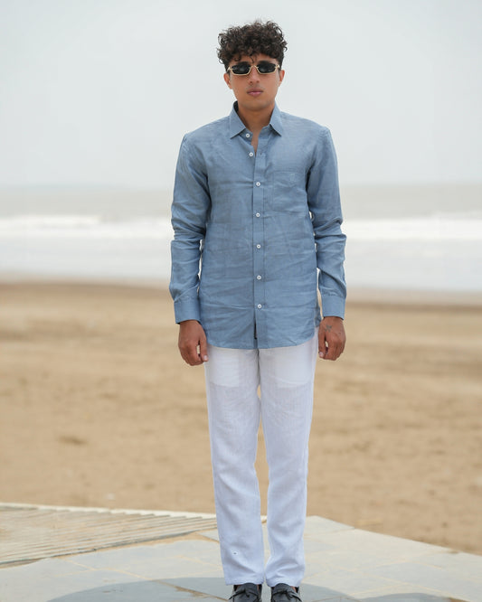 Dusty Blue Pure Linen Solid Shirt