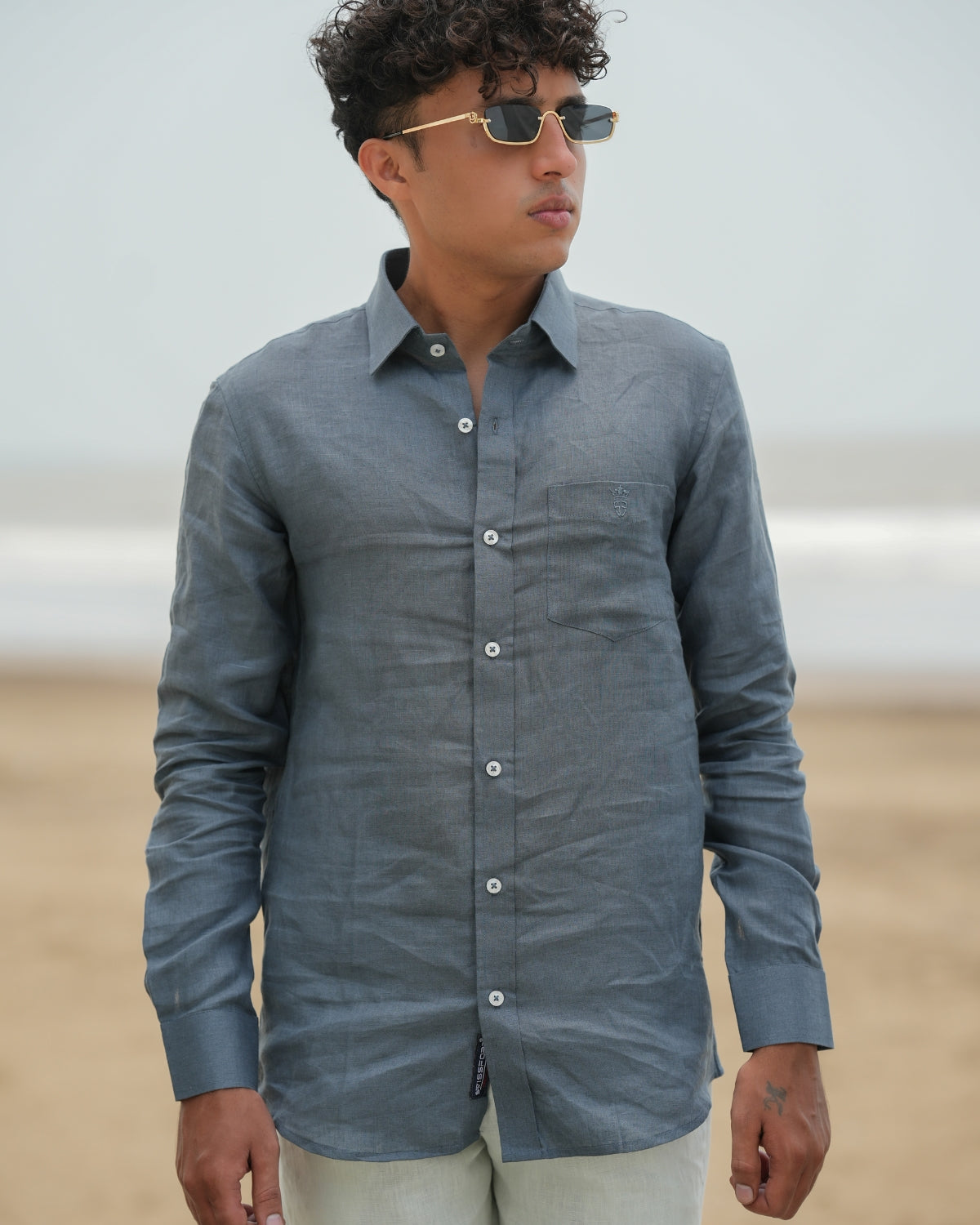 Dark Grey Pure Linen Solid Shirt