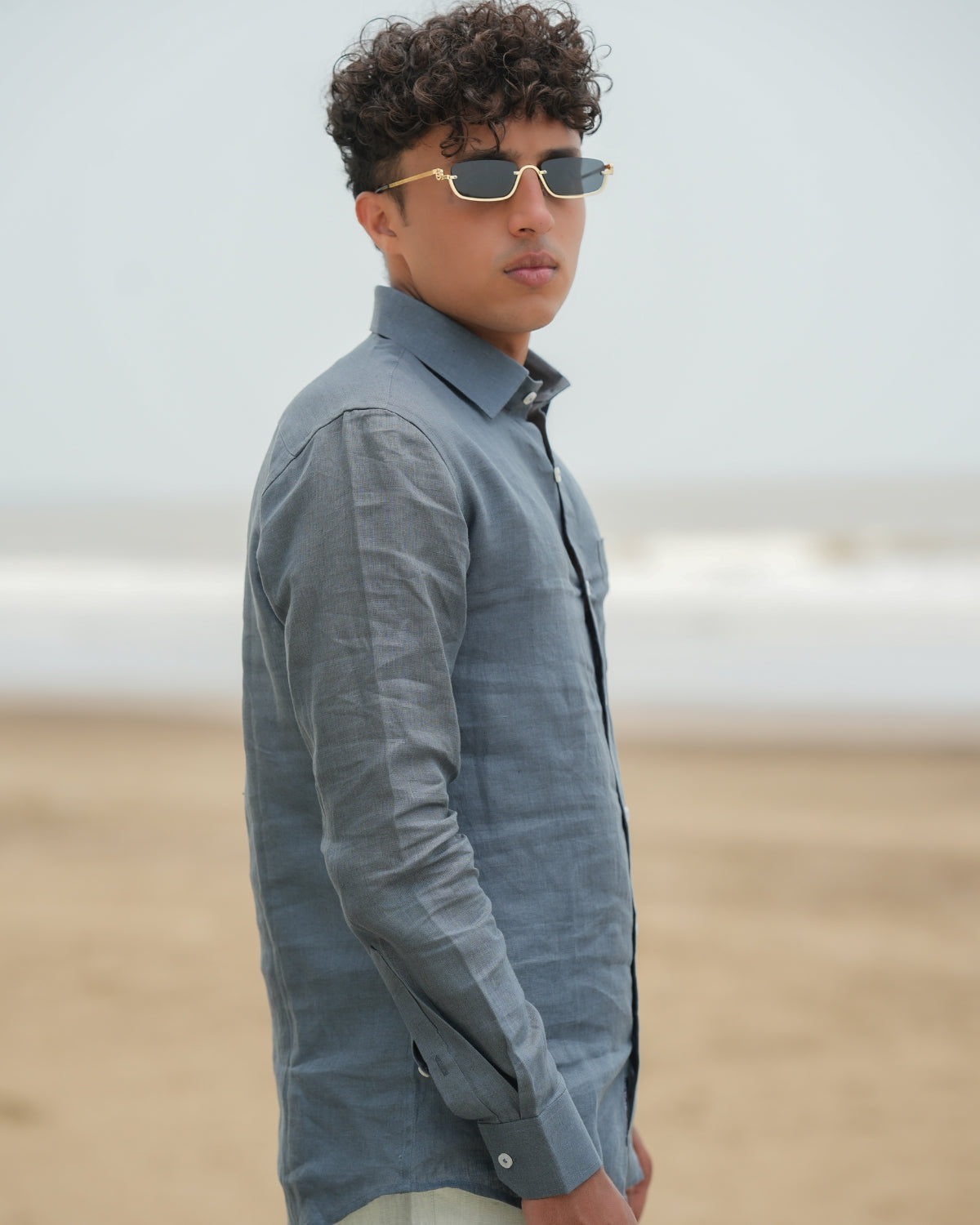 Dark Grey Pure Linen Solid Shirt