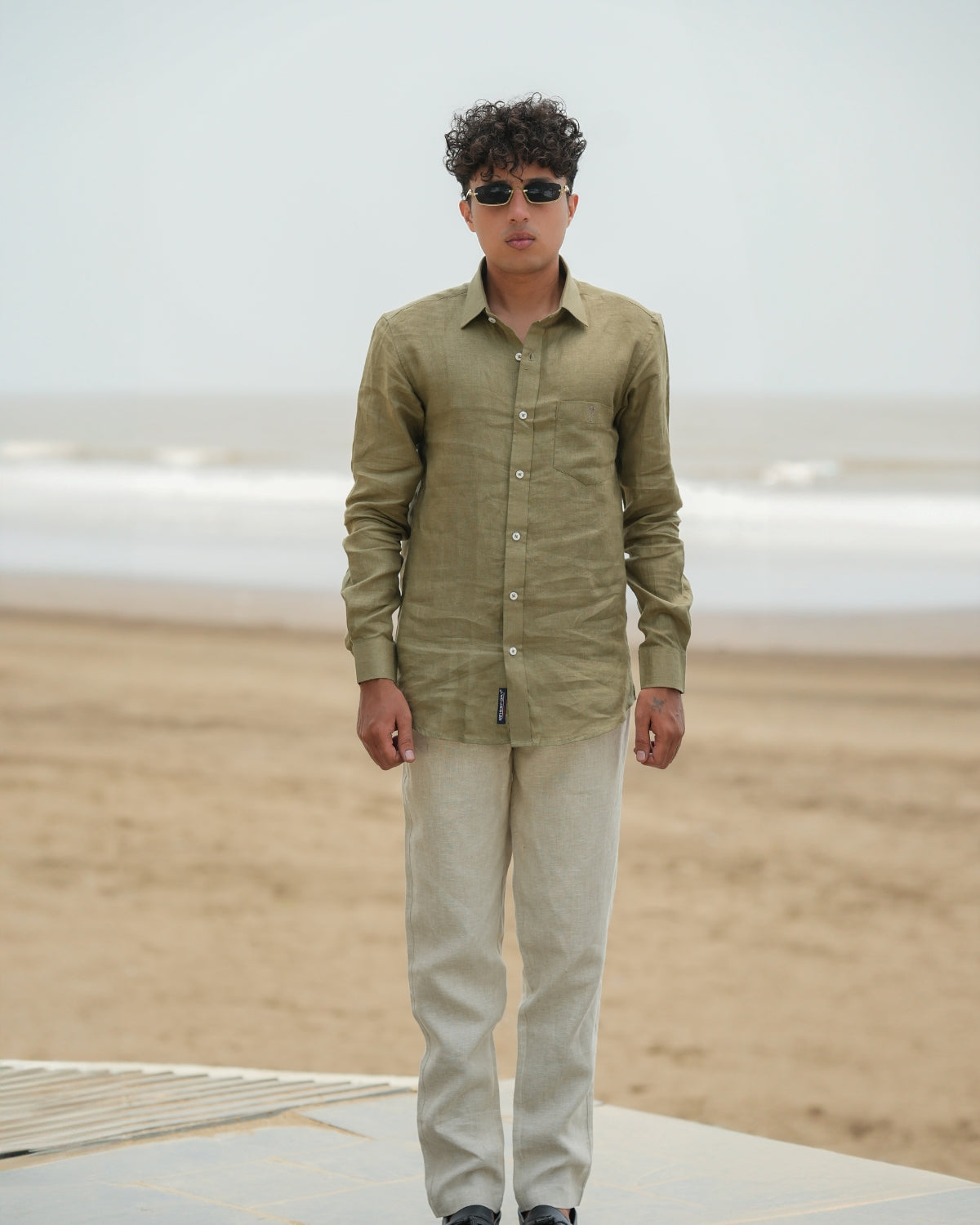 Muted Olive Green Pure Linen  Solid Shirt