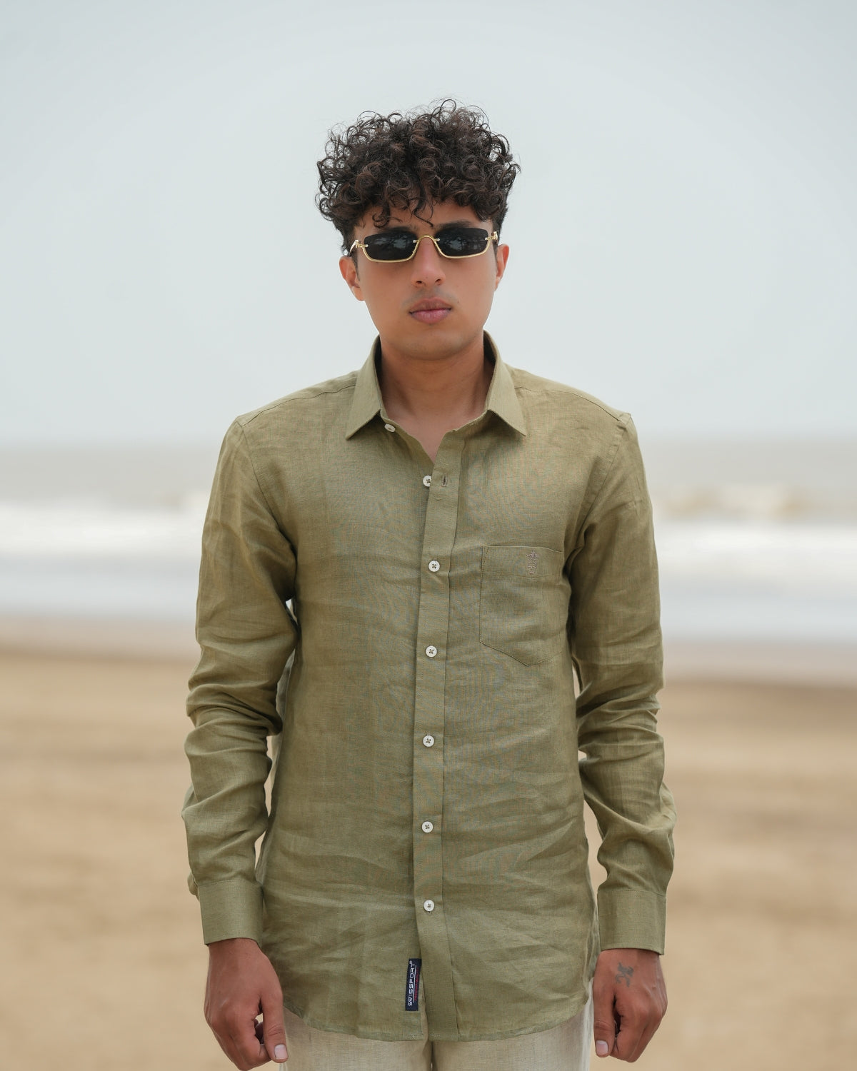Muted Olive Green Pure Linen  Solid Shirt