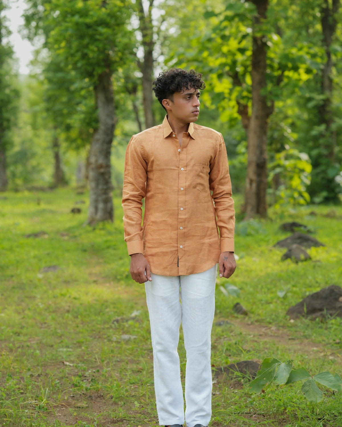 Rust Orange Pure Linen Solid Shirt