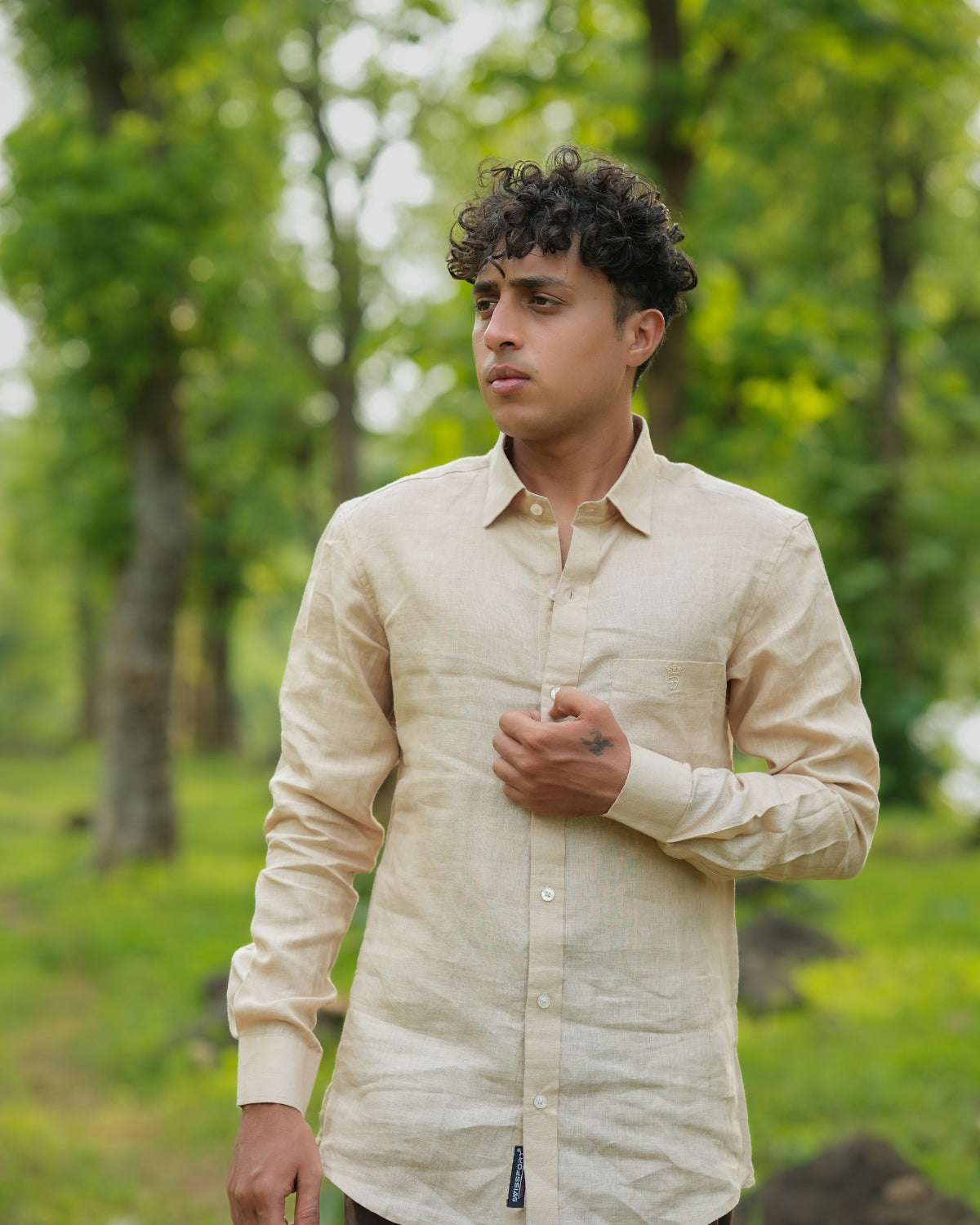 Pale Tan Yellow Pure Linen Solid Shirt