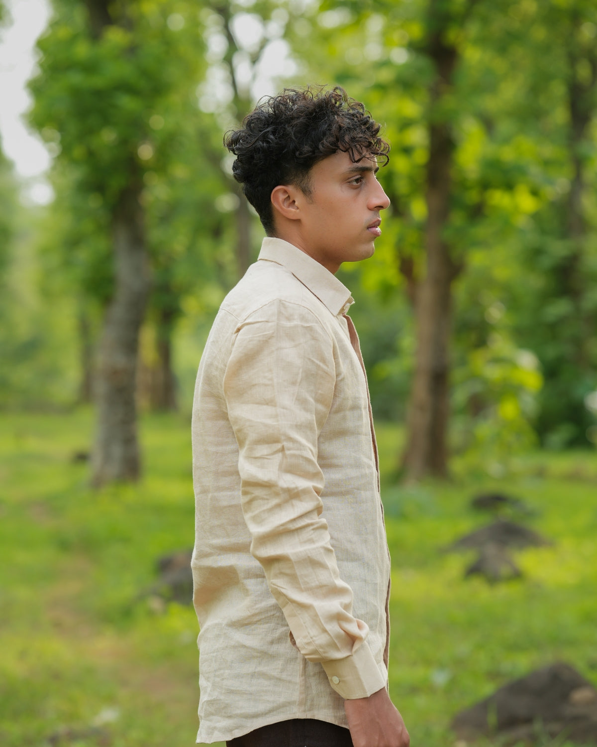 Pale Tan Yellow Pure Linen Solid Shirt