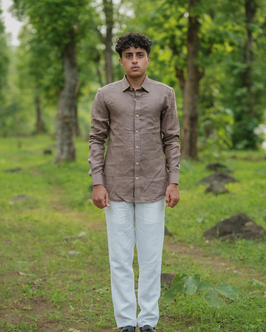 Brownish Grey Pure Linen Solid Shirt