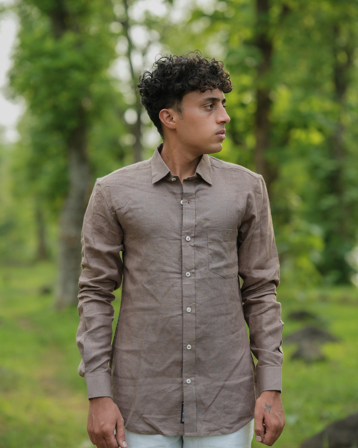 Brownish Grey Pure Linen Solid Shirt