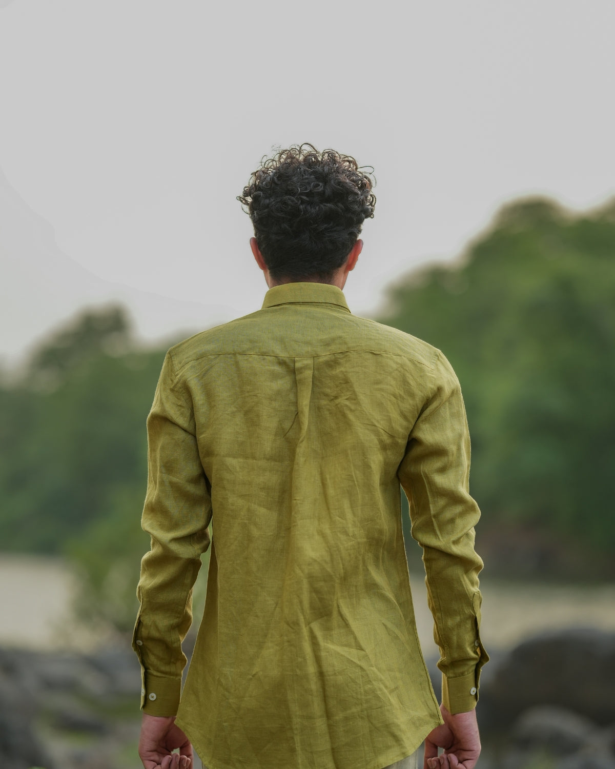 Mustered Yellow Green Pure Linen Solid Shirt