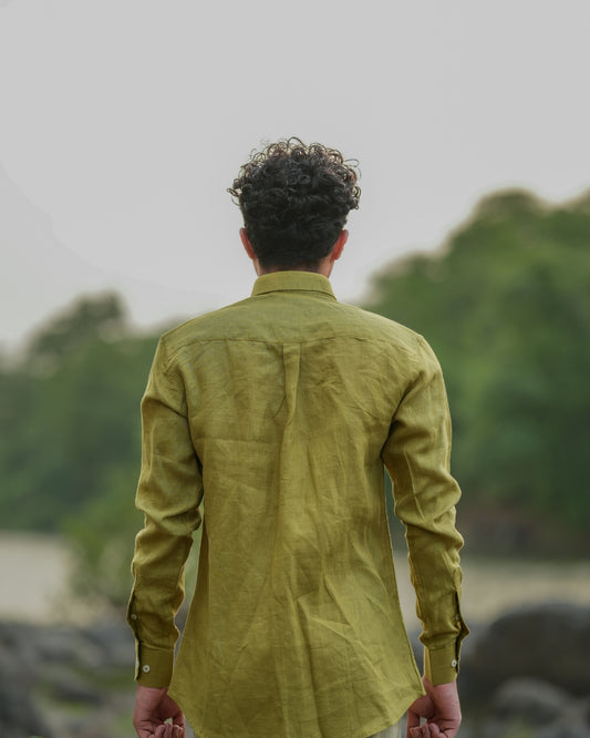 Mustered Yellow Green Pure Linen Solid Shirt