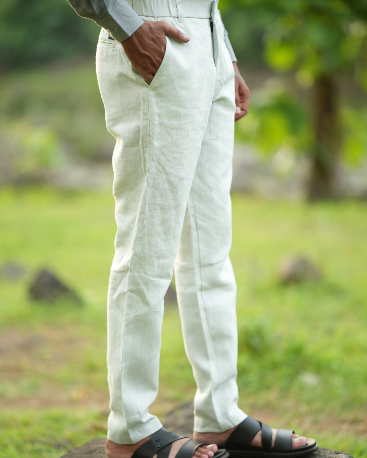 Pastel Grey Green Pure Linen Trouser