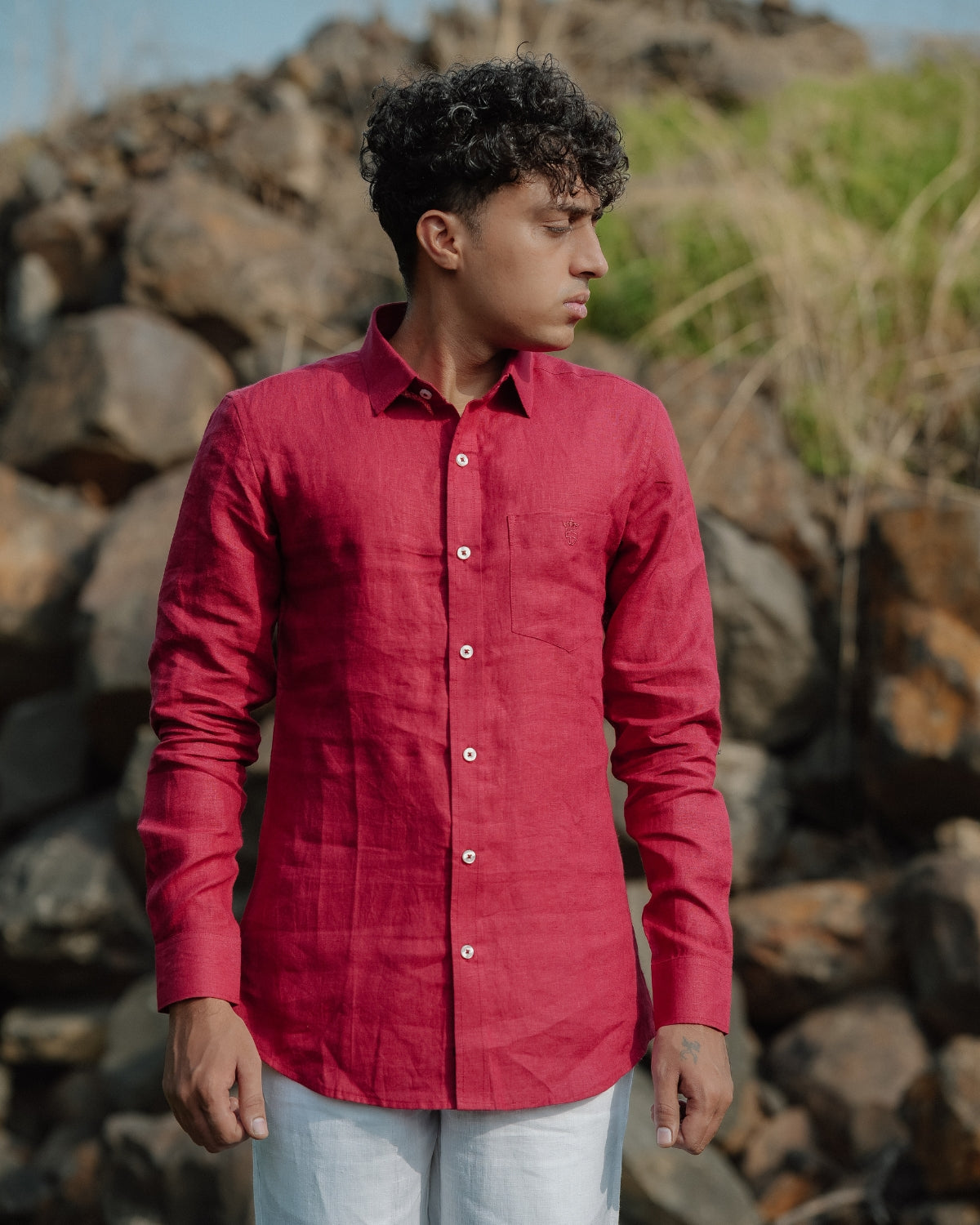 Blush Red Pure Linen Solid Shirt