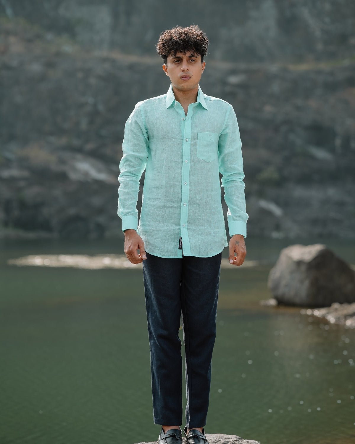 Seafoam Green Pure Linen Solid Shirt