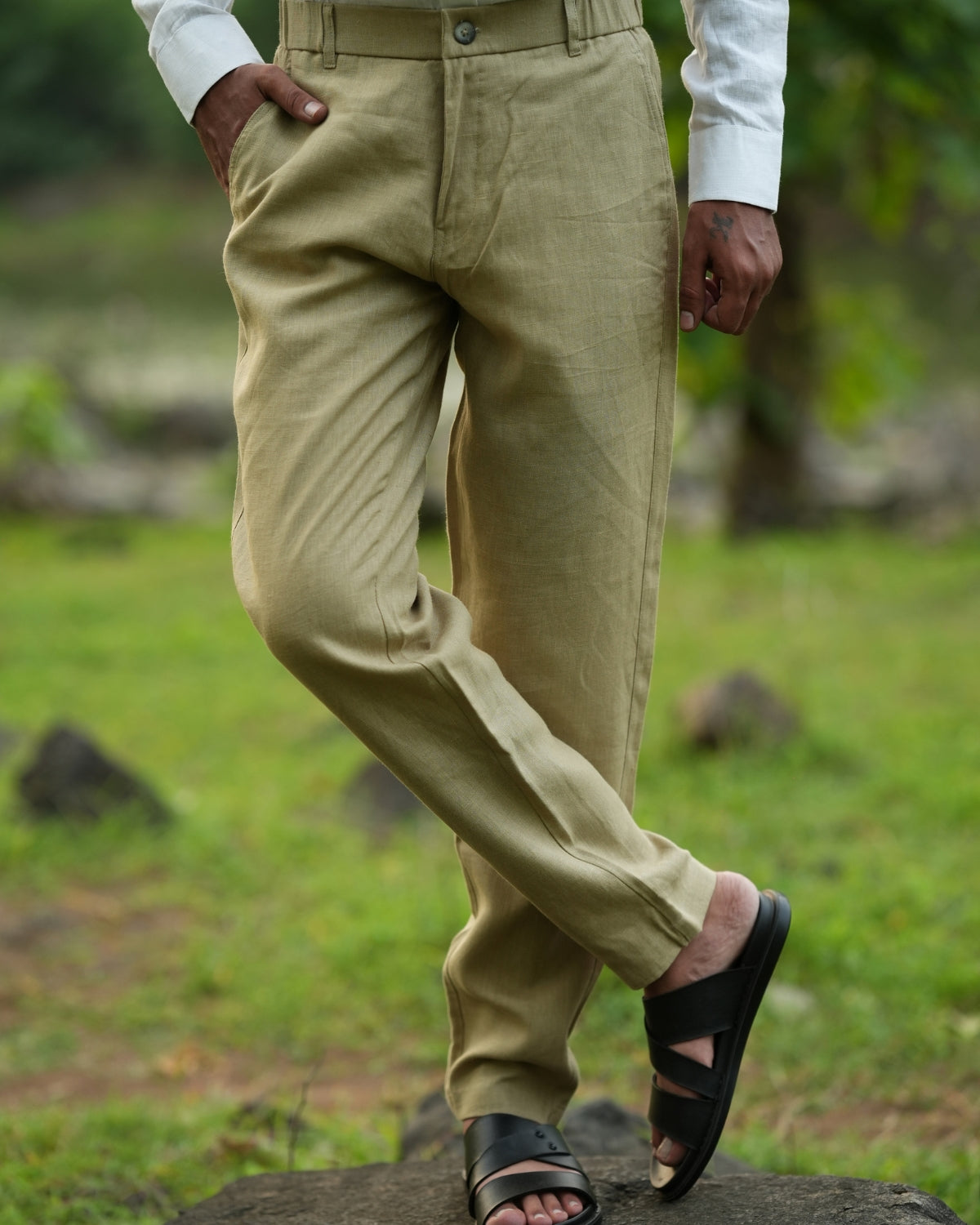 Khakhi Green Pure Linen Trouser