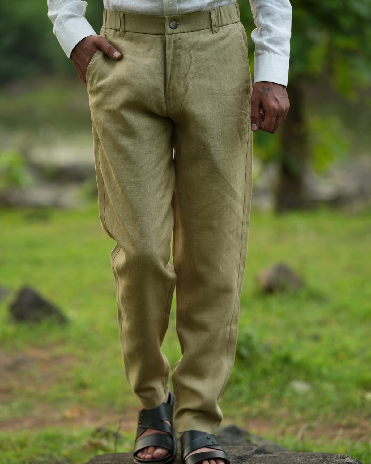 Khakhi Green Pure Linen Trouser
