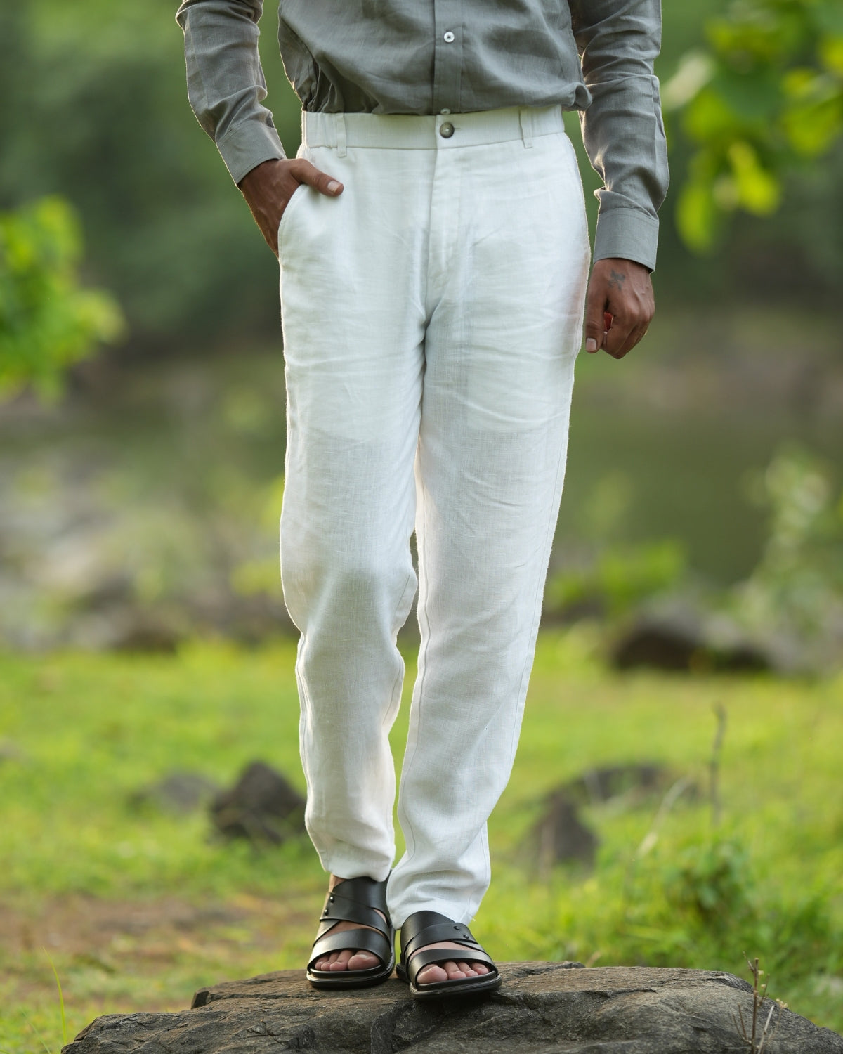 Light Silver Pure Linen Trouser