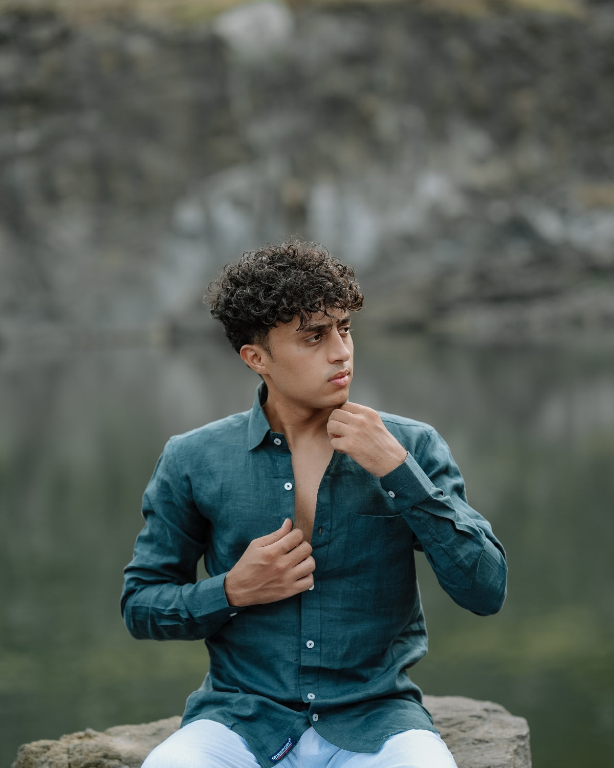 Dark Green Pure Linen Solid Shirt