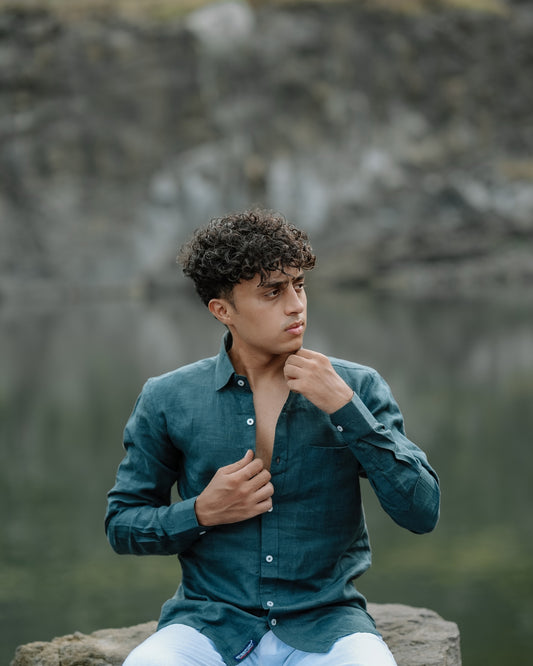 Dark Green Pure Linen Solid Shirt