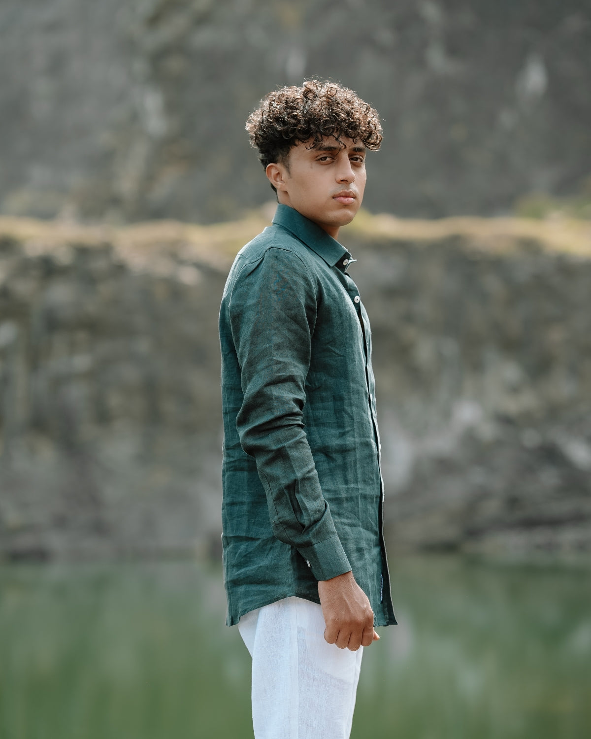 Dark Green Pure Linen Solid Shirt