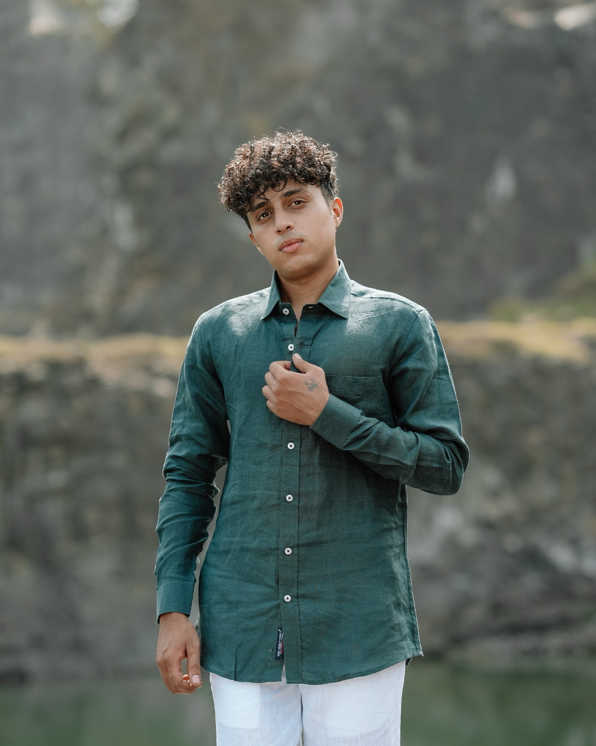 Dark Green Pure Linen Solid Shirt