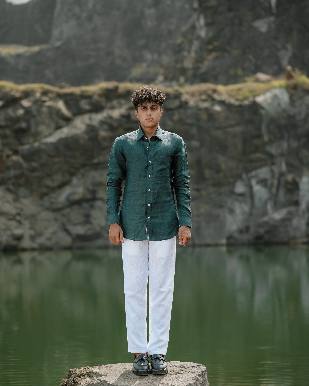Dark Green Pure Linen Solid Shirt