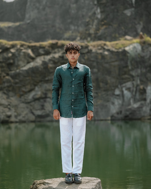 Dark Green Pure Linen Solid Shirt